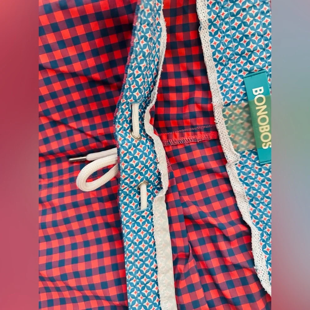 BONOBOS Mens Red & Navy Blue Plaid Check Swim Shorts Trunks